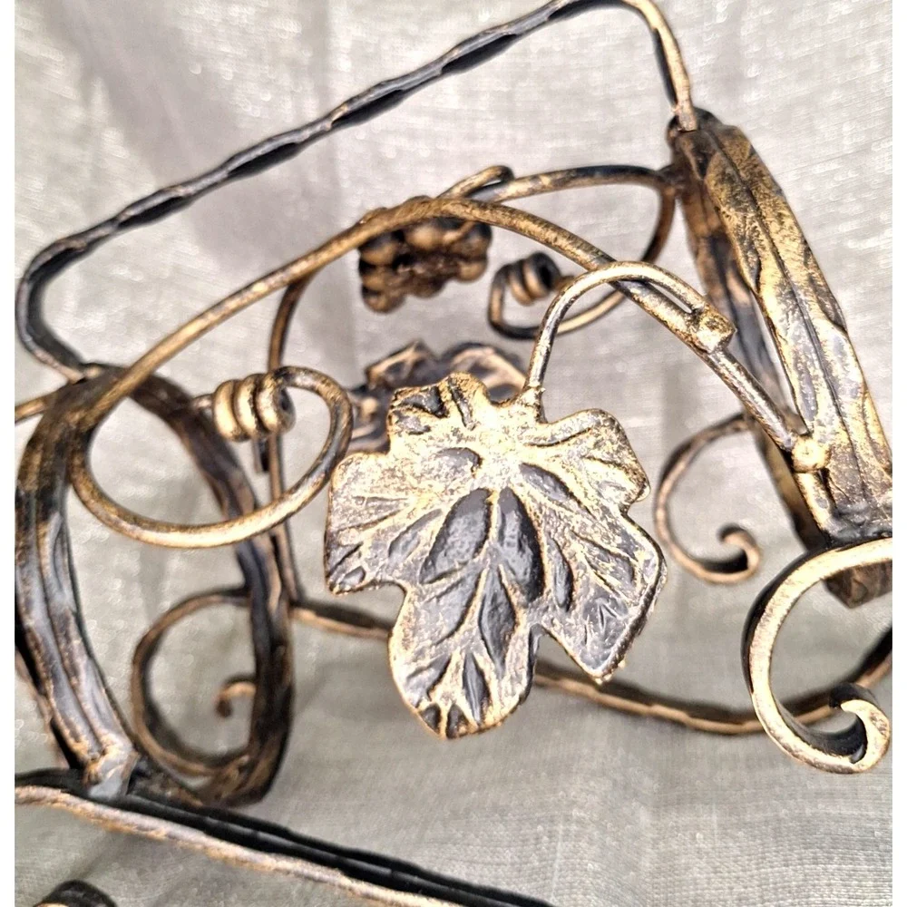 Wrought Iron Wine Bottle Holder Server Black Gilded Grapes Vines Antiqued Finish